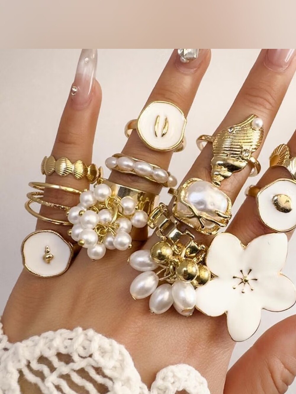 Chunky Floral Stackable Rings Set Enamel Flower Pearl Statement Adjustable Open